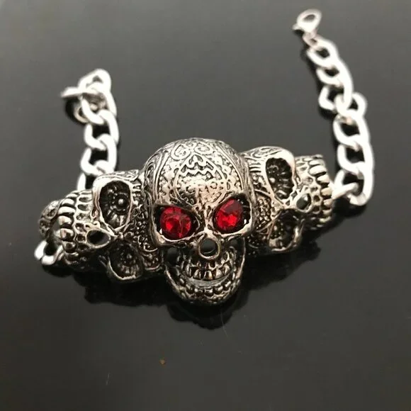 COPY - Skull  Bracelet Mens Biker Silver Rock Goth Moto Gothic Motorcycle Hallo… - Picture 3 of 6